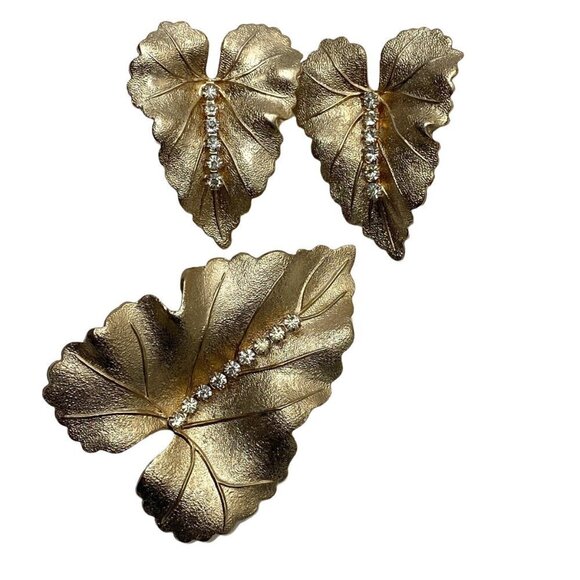LEAF EARRINGS & BROOCH Vintage Set By Judy Lee Clip on Earrings Costume Jewelry - Picture 10 of 10